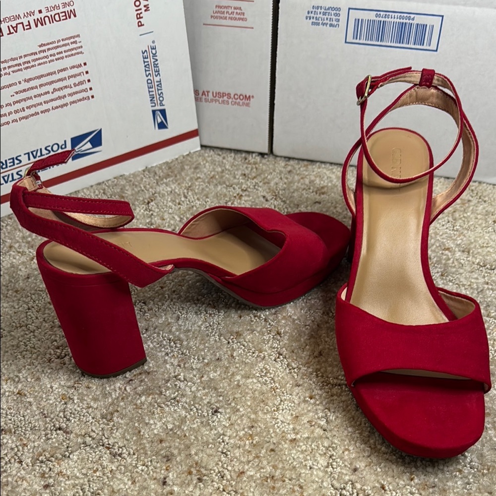 New Old Navy Red Block Heel Suede Sandals with Ankle Strap